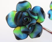 Bright Flower 3/4 inch Polymer Clay on Pair of Metal Bobby Pins