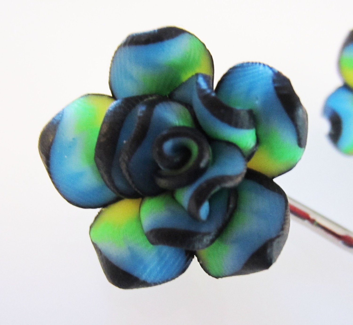 Bright Flower 3/4 inch Polymer Clay on Pair of Metal Bobby Pins