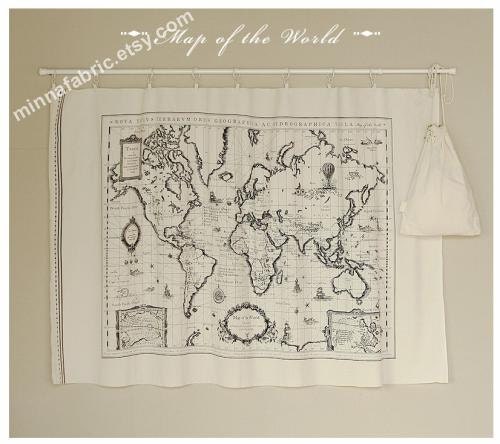 Linen Cotton Blended Fabric - Map Of The World - (57in x 29in) - LF081