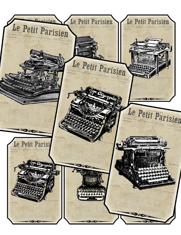 French Tags Newspaper Vintage Typewriter Set of 6 Digital Printable Tag