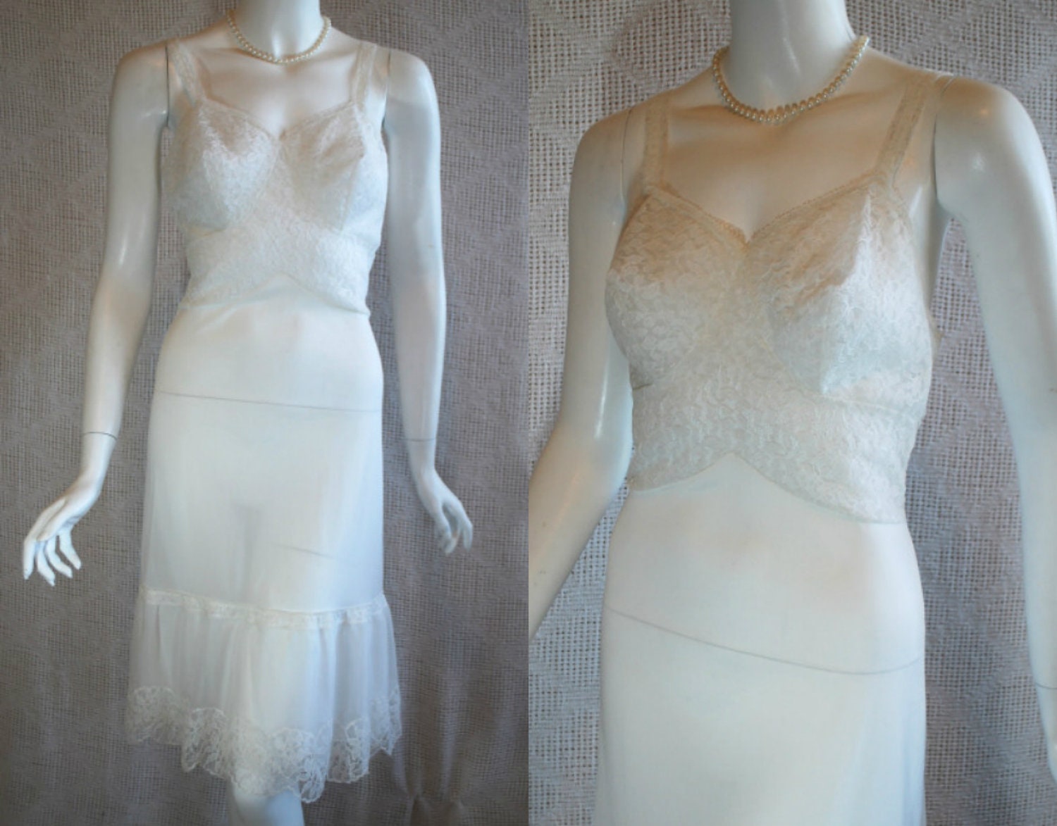 1950s White Full Slip, Lady Duff Lace and Nylon, 32, Xsmall, Small