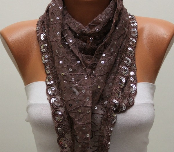 Brown Lace Sequin Scarf - Cowl with Lace Edge