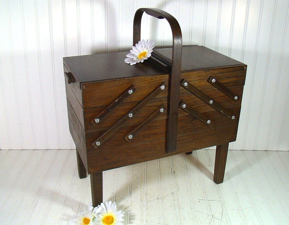 Extra Large Walnut Stained Wood Accordian Storage Chest - Vintage Singer Wooden Tiered Cabinet