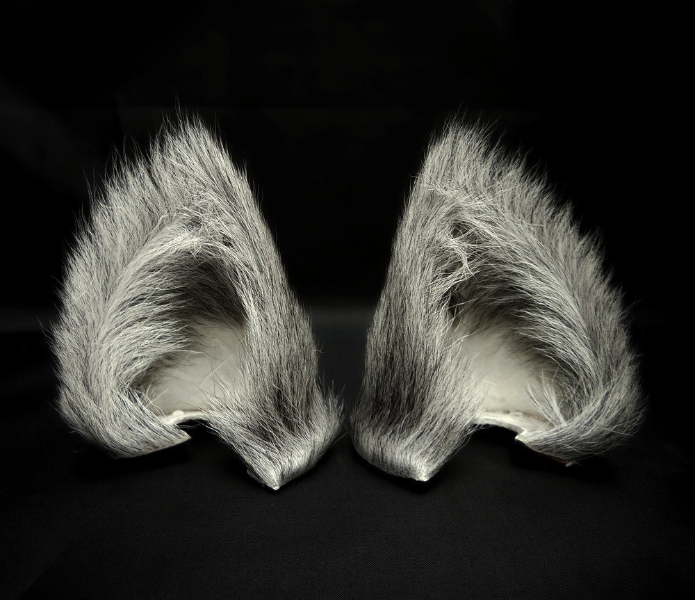 Gray Long Fur Leather Cat Ears Grey Silver White Limited Edition Nekomimi Cosplay Furry Goth Fantasy Fashion Wear