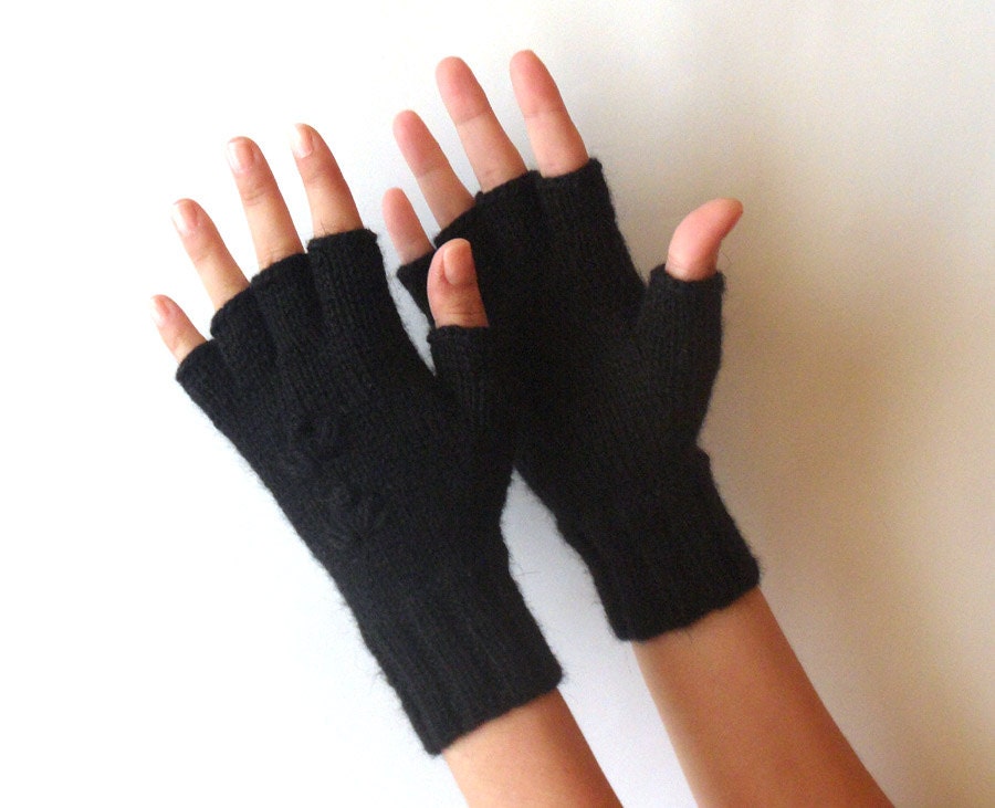 Knit Arm Warmers Wool Hand Warmers Black Fingerless Gloves Cherry Flower Half Fingers Mittens Warm Winter Gloves - KG0025 - Aimarro