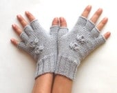 Gray Half Finger Gloves Fingerless Gloves Cherry Flower Warm Wool Arm Warmers Grey Winter Women's Hand Warmers - KG0016 - Aimarro