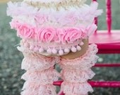Whimsical Tea Stained Diaper Cover with Pink Ruffles, Laces, Flowers & Pom Poms