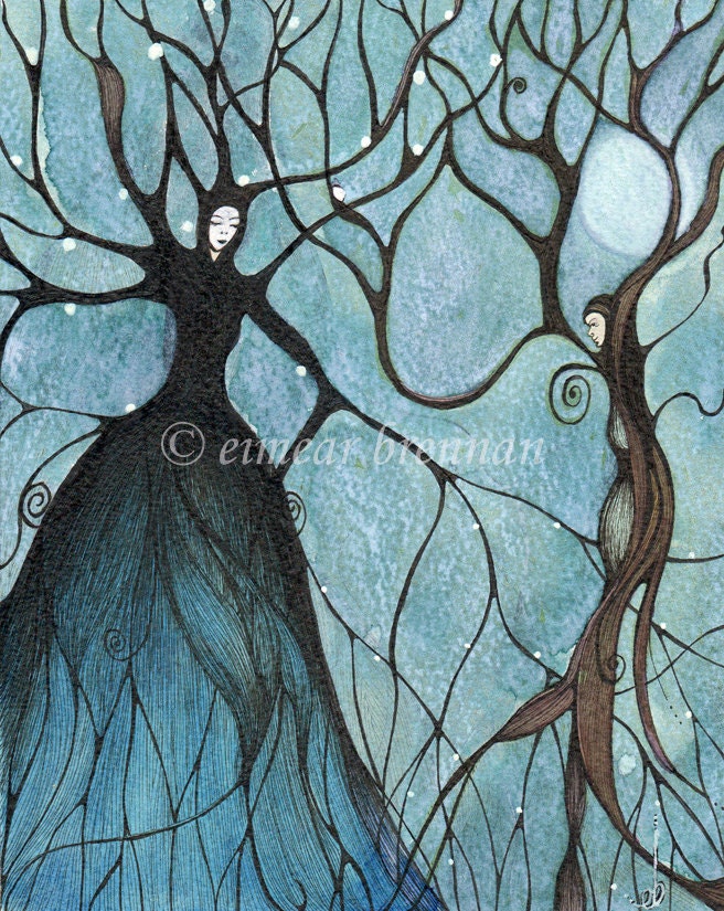 Full Moon At Samhain. Signed Limited edition print by Eimear Brennan. (art print forest, Samhain art,folk art halloween,whimsical trees,