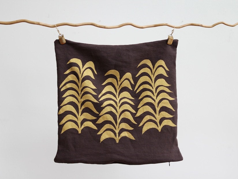 Botanical pillow cover hand printed in metallic gold on brown organic hemp 20x20