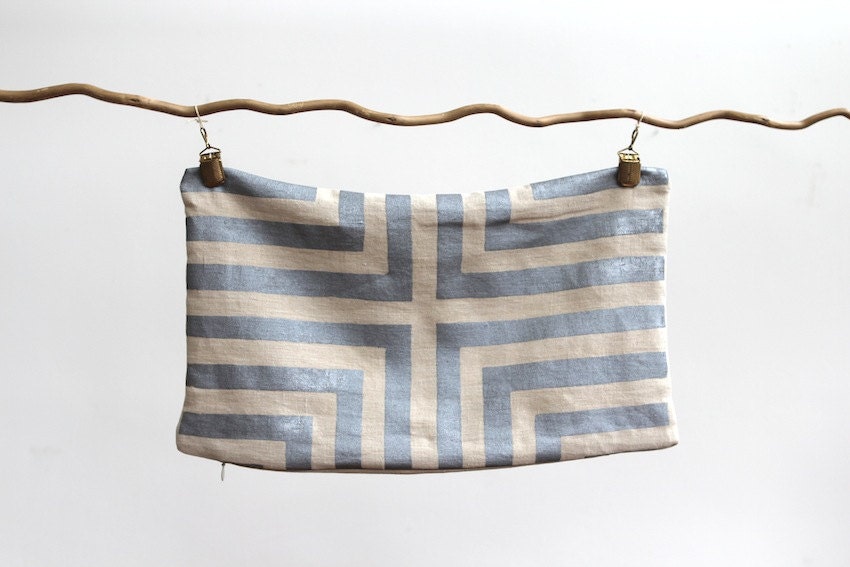 Doha lumbar pillow cover hand printed in metallic silver on natural ecru organic hemp 12x21