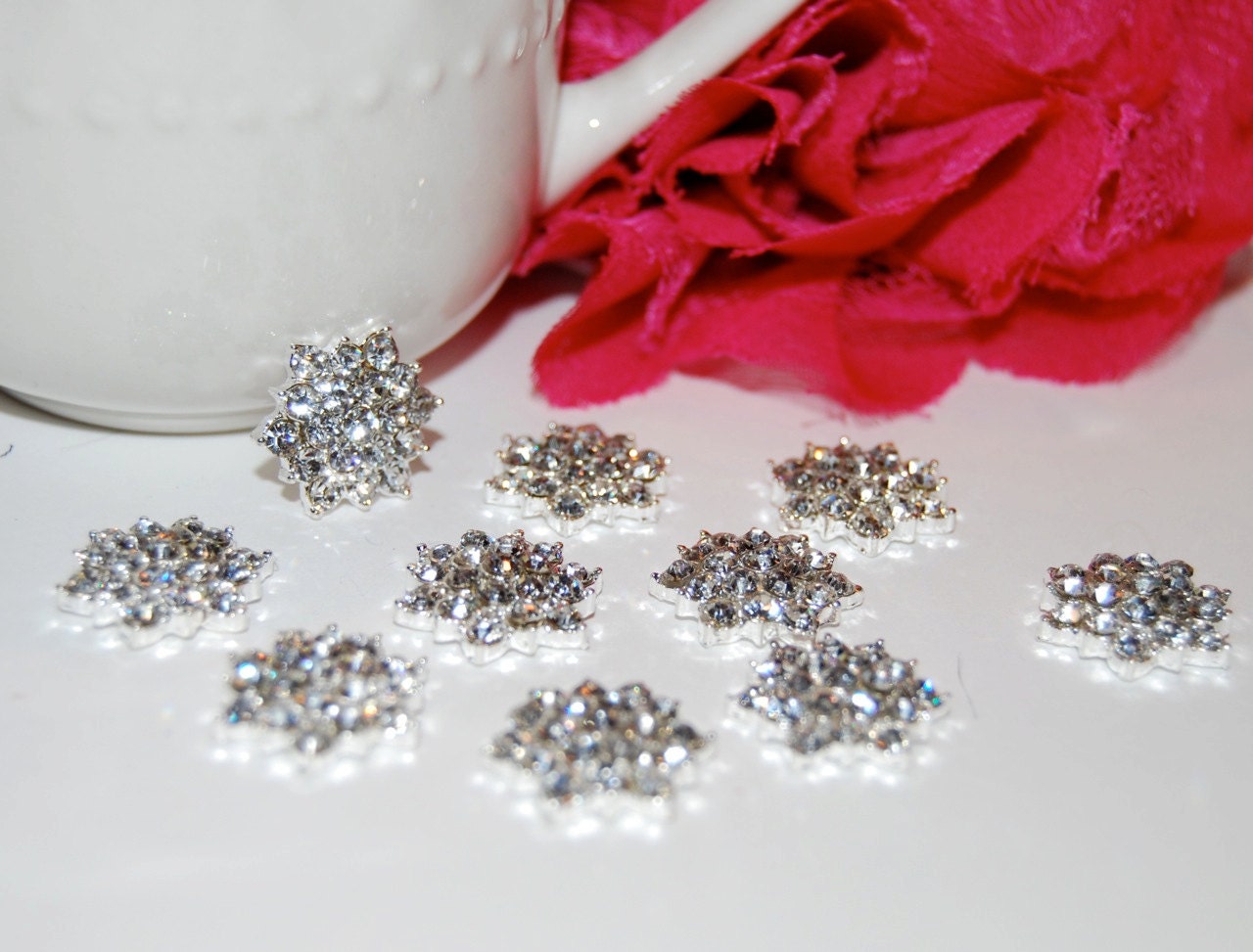 6 rhinestone button Crystal  flower centers buttons flat back  1/2" size  - silver rhinestone embellishment  accent metal component