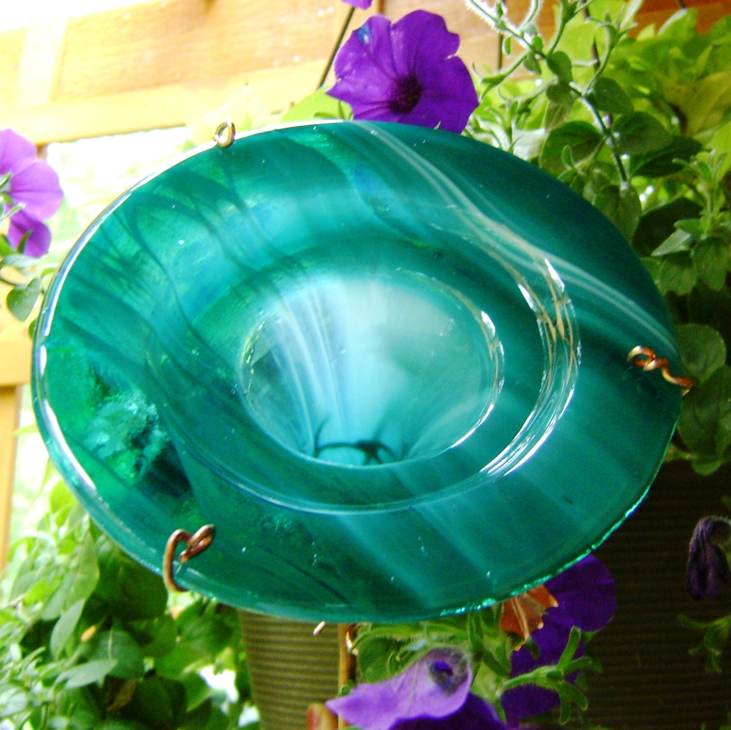 Home Decor, Outdoor, HUMMINGBIRD FEEDER, stained glass, copper, Emerald Green