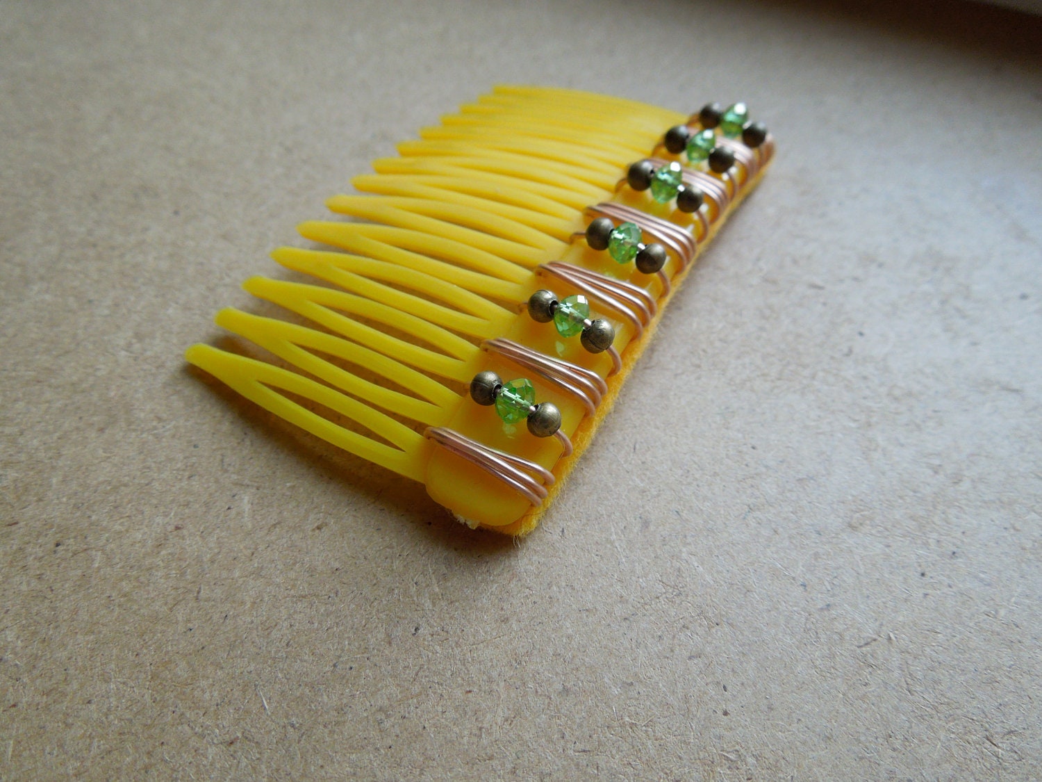 Wire wrapped vintage hair comb: yellow, rose, copper, and green