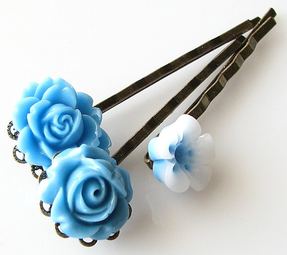 Items similar to blue hair accessories, flower hair pins, blue and