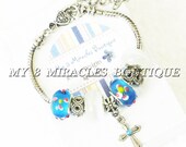 Religious BLUE CROSS European Charm Bracelet ADJUSTABLE White Silver Glass Beads Girls Teens Ladies Gift First Communion Confirmation