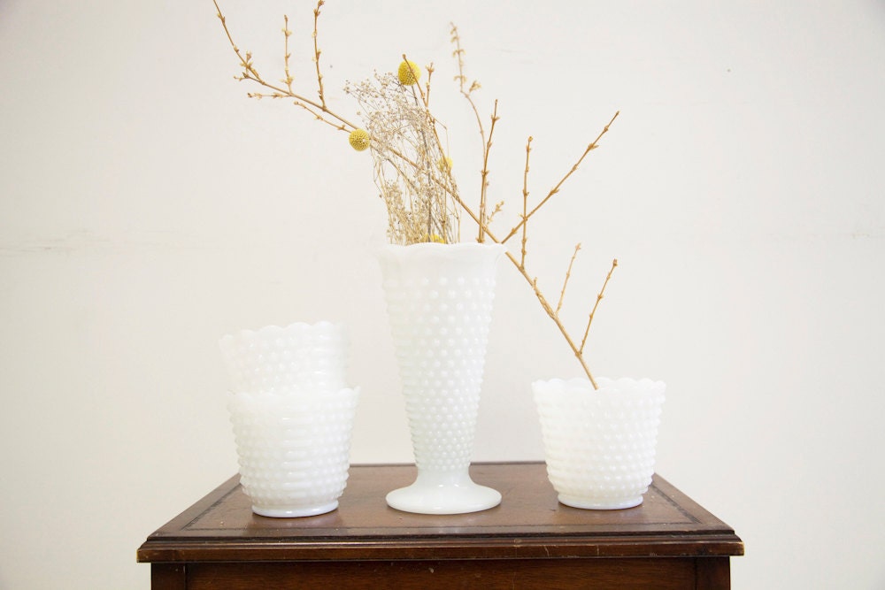 Milk Glass Set of Large Hobnail Flower Vases