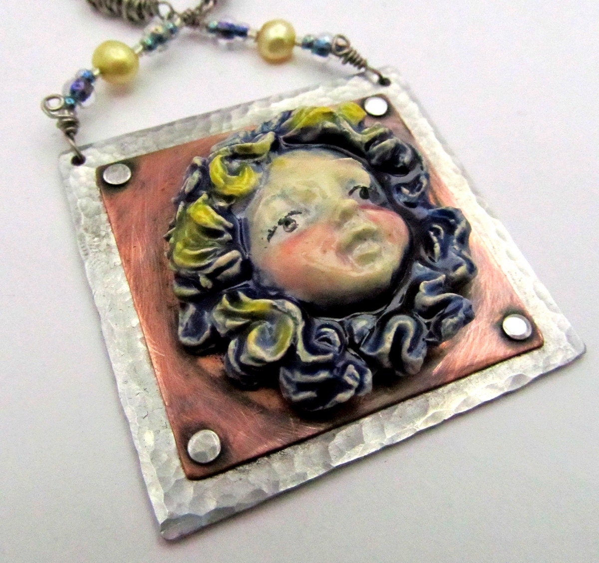Mixed Metal Ceramic Necklace - Metalwork riveted with cold connections - one of a kind Hand Stamped Jewelry