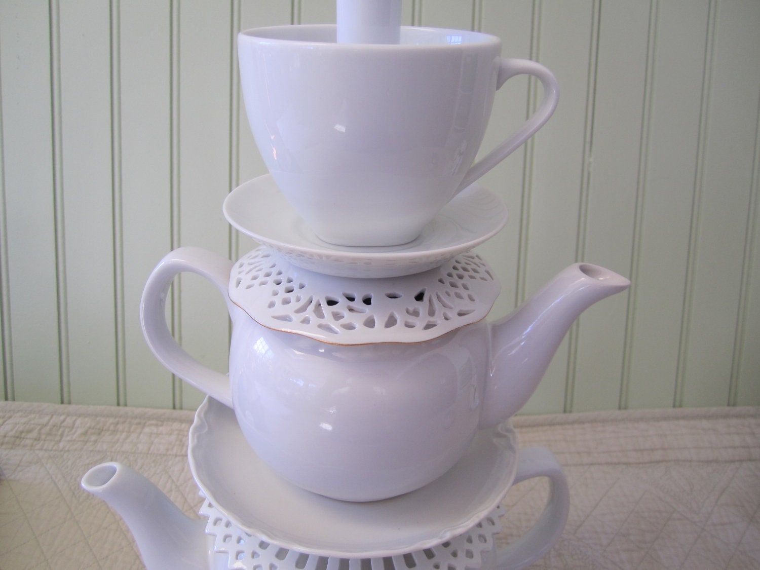 Teapot Lamp, White Stacked Teapots Tea Cup and Saucers, "Alison" Series, Alice in Wonderland Shabby Chic Country Beach Cottage