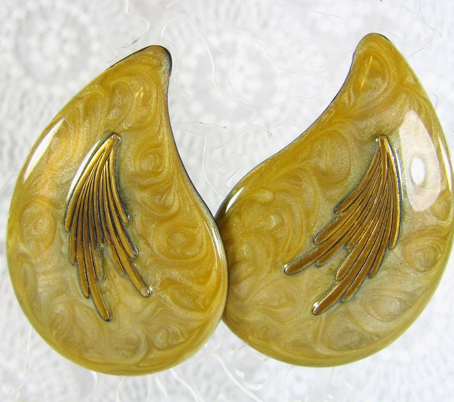 Vintage Statement Earrings, Mustard Yellow Enamel, Gold Feather, HUGE Teardrops, Pierced, 1980s, Summer Fall Autumn, Costume Jewelry