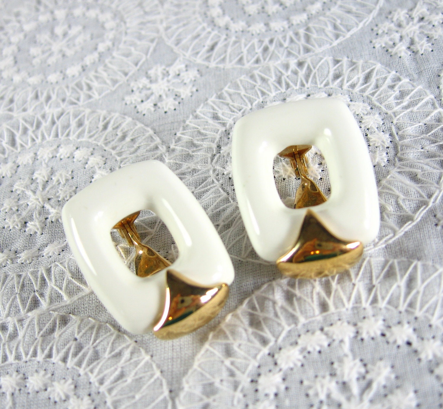 Vintage Lucite Earrings, MOD White Geometric Squares, Clip-ons, Designer MONET, 1950s 1960s Mad Men Jewelry