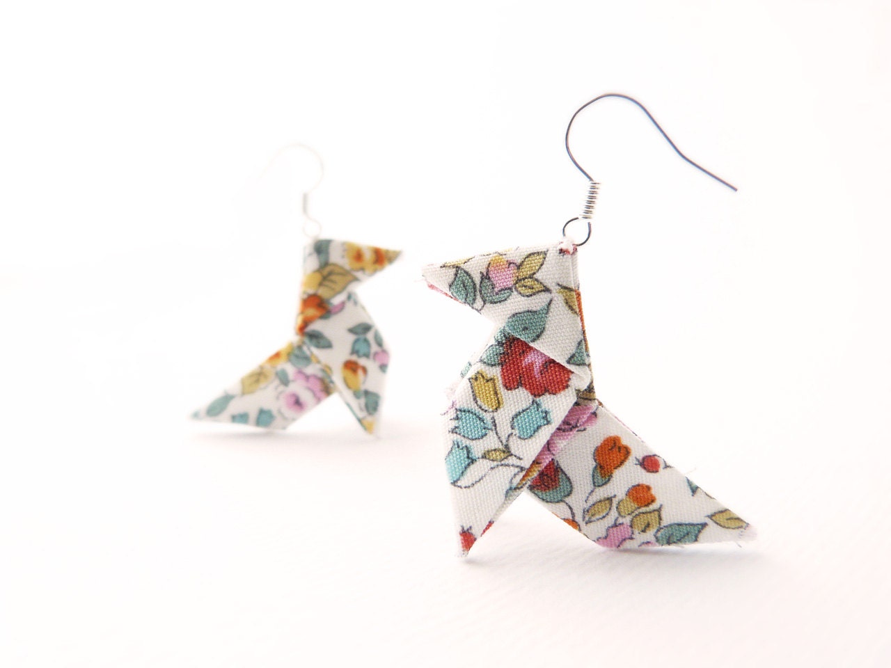 Origami earrings Japanese floral cotton "The Roses" OOAK by Jye, Hand-made in France