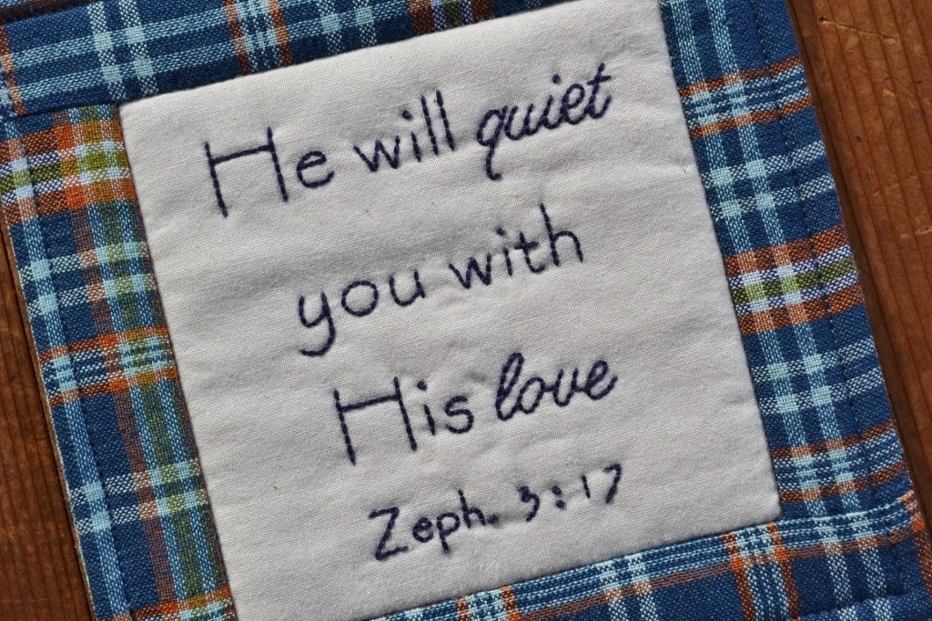 Coaster - Mug Rug - Bible Verse - Religious - Scripture - Zephania 3 - Hand Stitched - Blue - Plaid - Home Decor