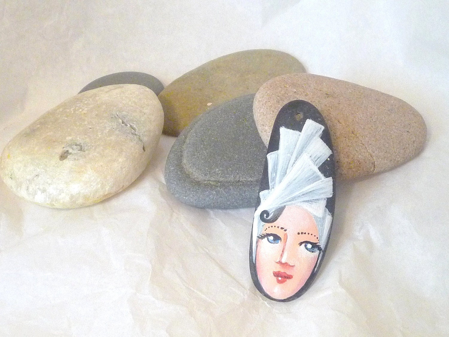Painted stone pendant. painting on stone girl face OOAK.