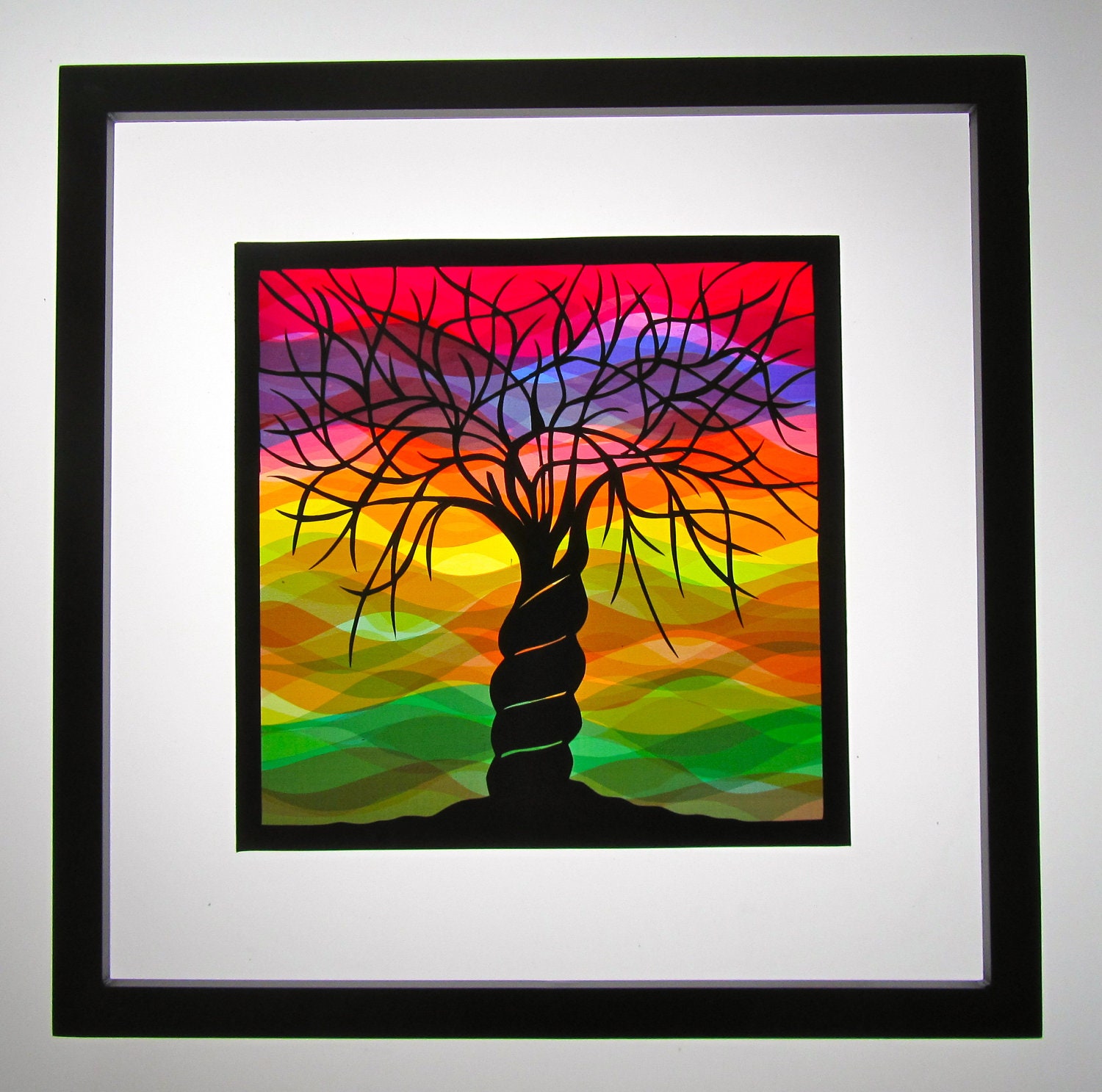 2 Trees Of Life As One Home Décor Wall Art Silhouette Paper Cutout, Rainbow Colors as Background Original Handmade Design Framed Signed OOAK