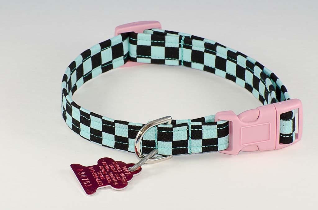 Black and Teal Checkered - Dog Collar - Adjustable