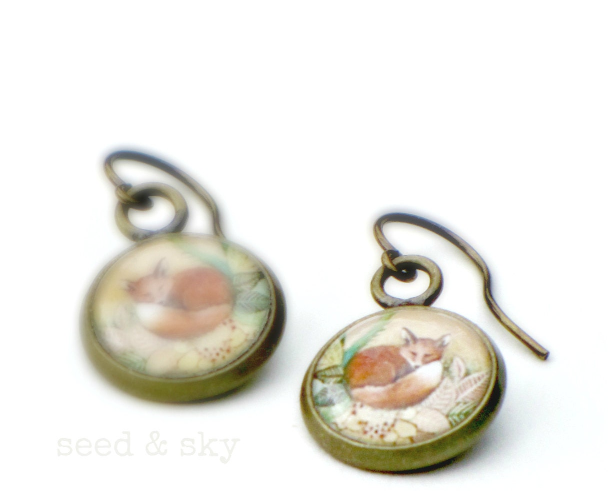 unique FOX EARRINGS - leaves flowers unique woodland jewelry - unique gift - mr fox art - peachy rust bronze earrings - fantastic earrings