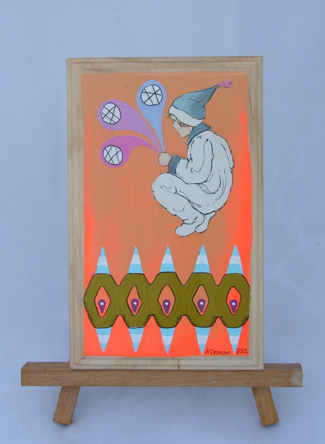 Nimble, Mixed Media Original, collage, acrylic gouache, latex, and ink on wood block