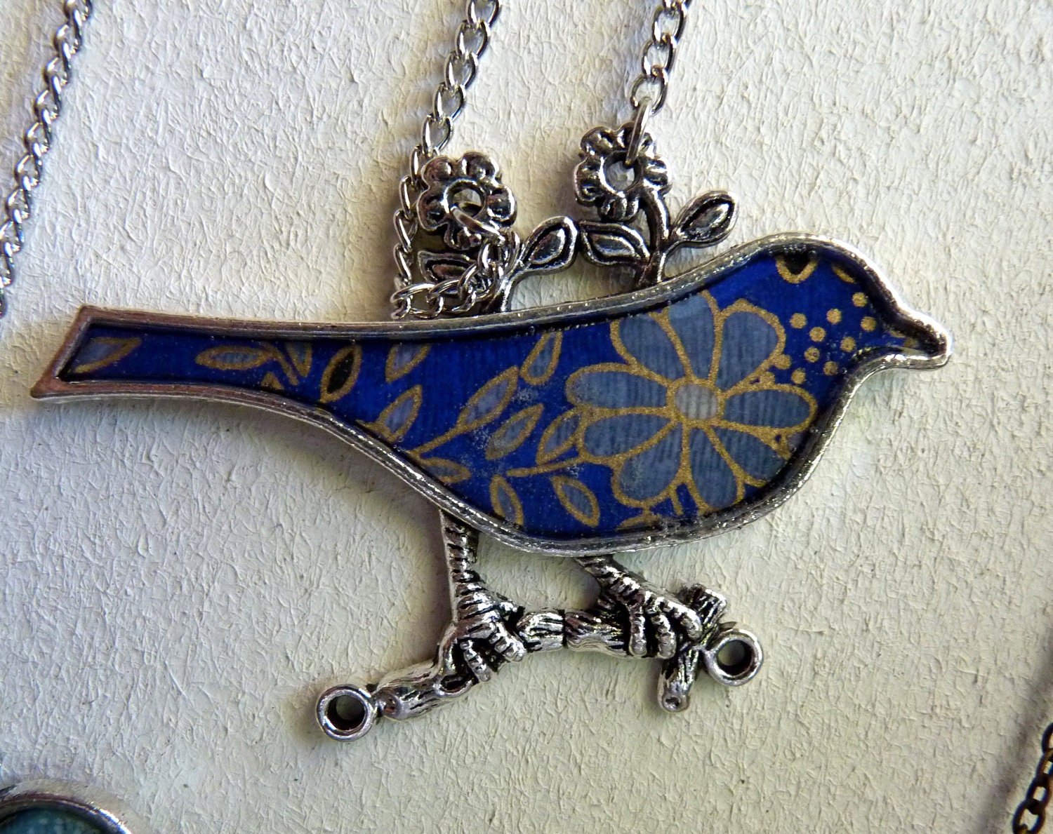 Handmade silver bird on a branch necklace made with your choice of japanese rice paper