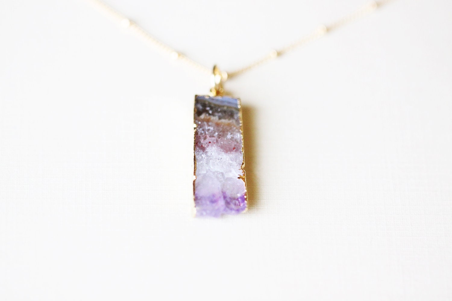 Amethyst Slice Necklace - small raw natural amethyst slice on 14k gold filled beaded chain