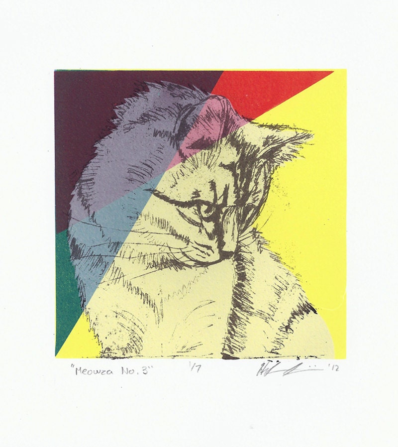 Meowza No 3 - Silkscreen Print of a Cat Portrait - 5x5