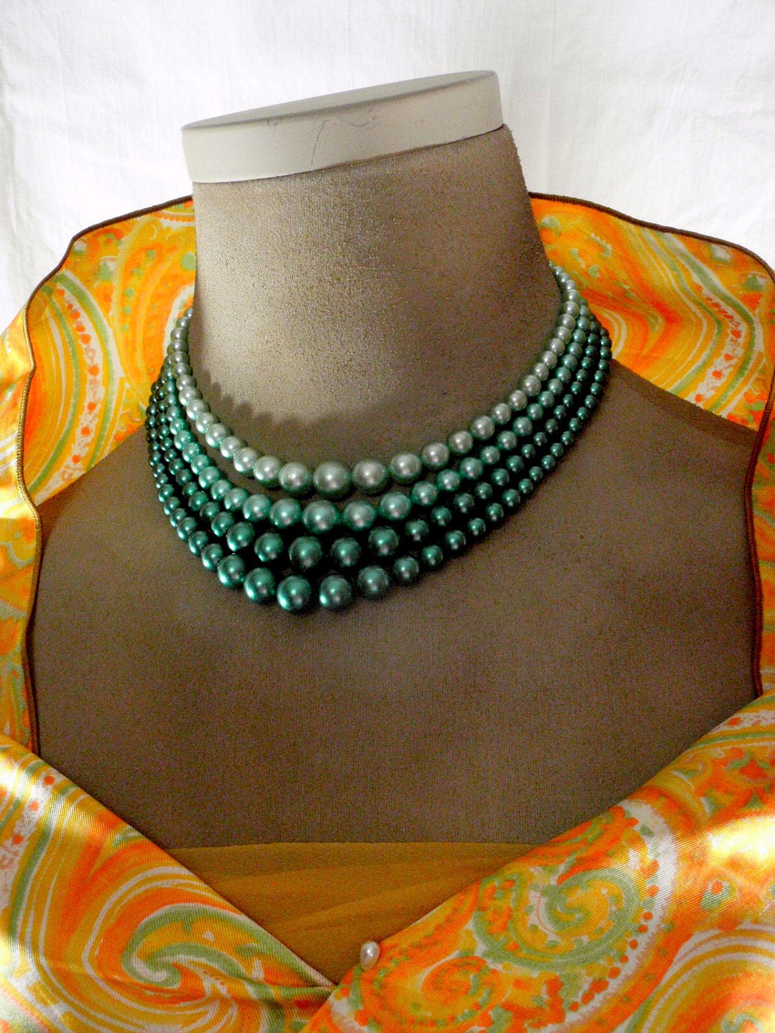 SHADES of GREEN 4 Strand Vintage Pearl Necklace, Marked Japan, Costume Necklace, Costume Jewelry