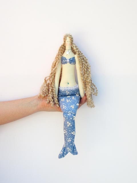Sweet Mermaid doll handmade fabric doll blue - softie plush,cloth doll art doll lovely rag doll blonde Little Mermaid- gift for girl and mom - HappyDollsByLesya