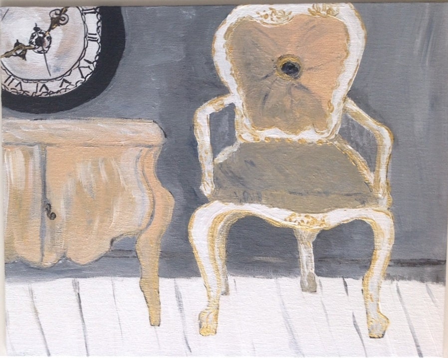 French chair original painting, Modern Abstract, French interior still life, golden armchair, ivory clock still life 16'' x 10.6"