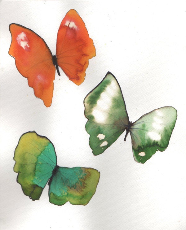 butterfly trio orange, turquoise, green and white 8 X 10" original watercolour painting