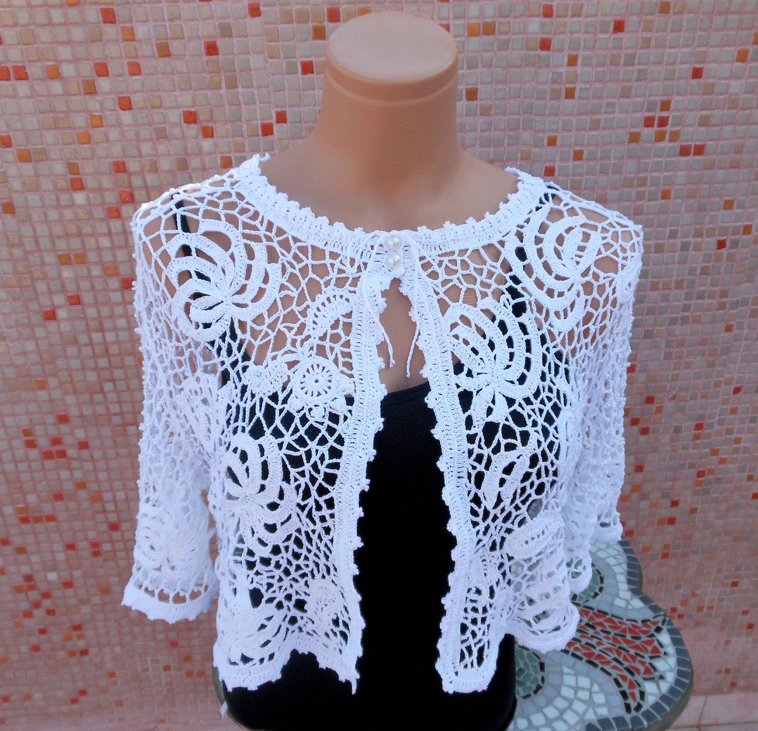 Irish Crochet White Bridal Bolero OOAK