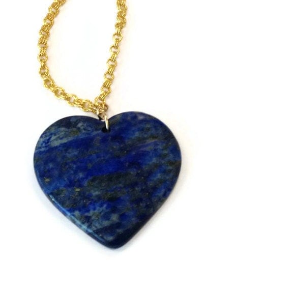 Navy Blue Necklace Lapis Pendant Lapis Necklace Heart Yellow Gold Jewelry Lapis Lazuli Gemstone Jewellery Long Chain Heart Denim N-307