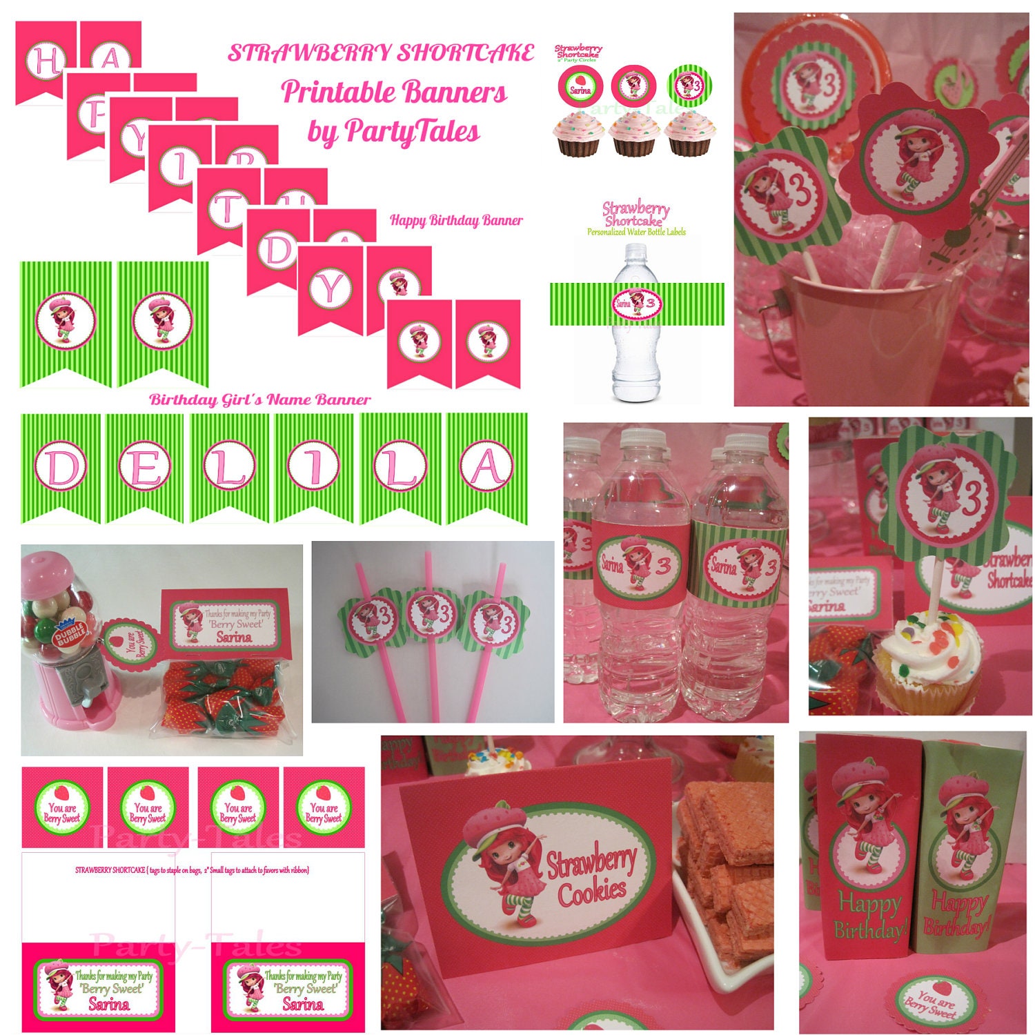 Strawberry Shortcake Printable birthday party Personalized Collection cupcake toppers favors tags Water bottle Food Sweet labels banners Il_570xn