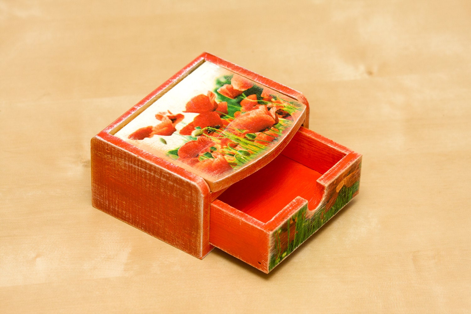 Poppy Jewelry Chest, Decoupage Mirrored Chest of Drawers, Rustic Shabby chic Spring Red Flowers ohtteam