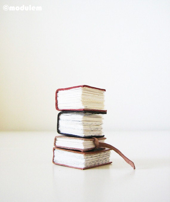 Miniature Library Collection, 4 Handmade Leather Books, classic decor, quirky, book art, librarian chic, bohemian decor, one of a kind, 1x1