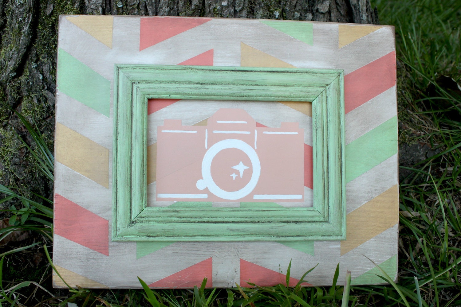 Hand Painted Coral, Peach, & Mint Camera Sign