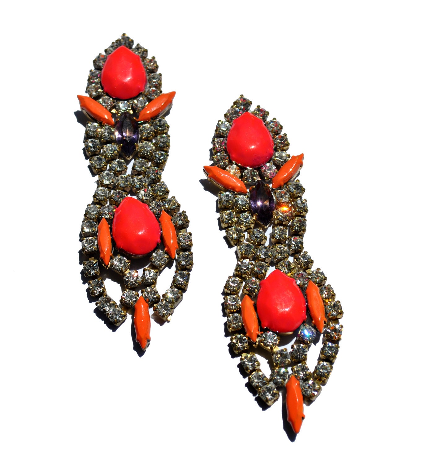 Statement Bold One of a Kind Neon Hand Painted Vintage Rhinestone Earrings -Neon Strawberry IV (Glow in the dark - RESERVED)