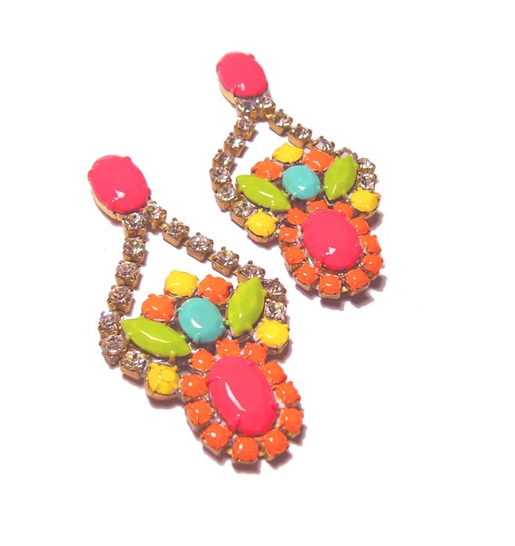 One of a Kind Neon Hand Painted Vintage Rhinestone Earrings - Neon Teaser II(Reserved)