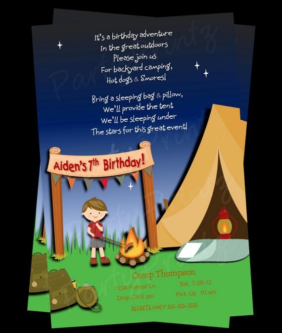 Printable Camping Invitations - Personalized - Boy Birthday Sleepover (BROWN HAIR) Il_570xn