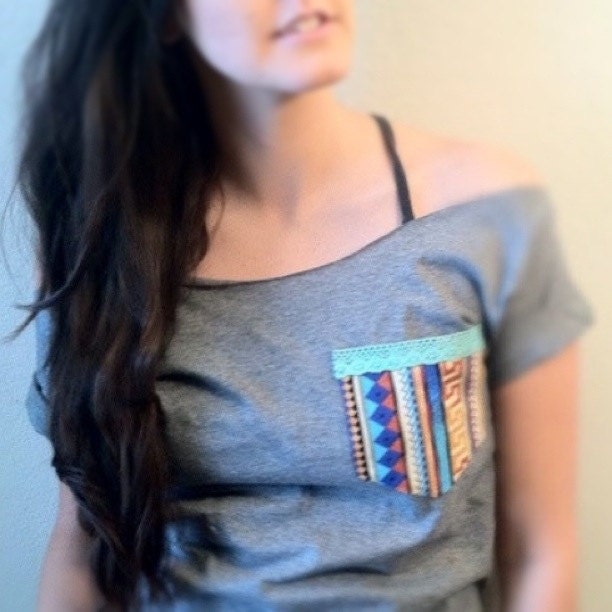 FREE SHIPPING, Aztec, Tribal, Navajo Inspired Gray Pocket Tshirt (Women, Teen girl)