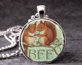 BFF Squirrels, Photo Pendant, Art Pendant, Glass Dome Pendant Necklace, no. 031-47