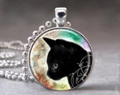 Black Cat Kitten,  Altered Art Glass Dome Photo Pendant Necklace no. 033-9